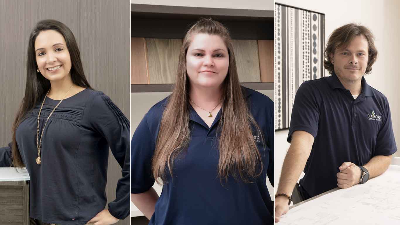 Diamond Custom Homes three new employees: Maria Perez, Tiffany Phillips, Sean Rhodes.